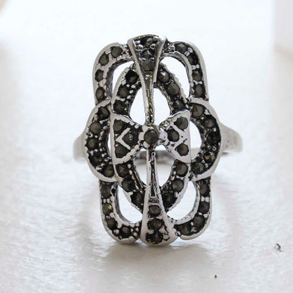Vintage Genuine Marcasite Cocktail Ring 1800s Design 18k Antiqued White Gold Electroplate