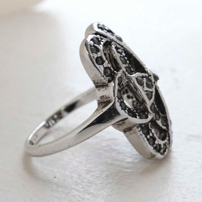 Vintage Genuine Marcasite Cocktail Ring 1800s Design 18k Antiqued White Gold Electroplate