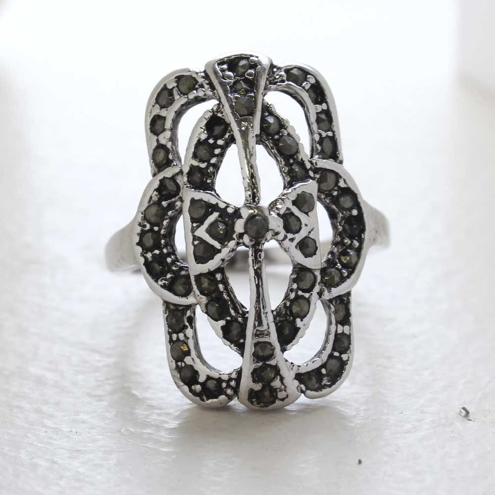 Vintage Genuine Marcasite Cocktail Ring 1800s Design 18k Antiqued White Gold Electroplate