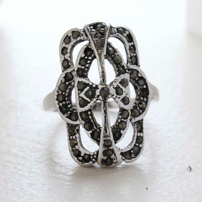 Vintage Genuine Marcasite Cocktail Ring 1800s Design 18k Antiqued White Gold Electroplate
