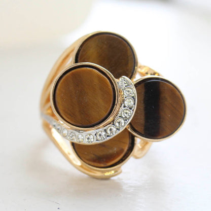 Vintage Jewelry Genuine Tiger Eye Cocktail Ring 18k Yellow Gold Electroplated Setting