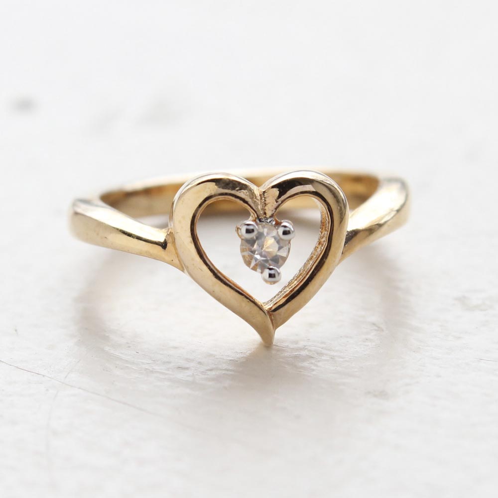 Vintage 1970s Austrian Crystal Heart Ring 18k Yellow Gold Electroplated Made in the USA