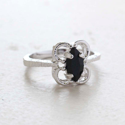 Vintage Jewelry Marquise Cut Jet Black Crystal Cocktail Ring in 18k White Gold Electroplate