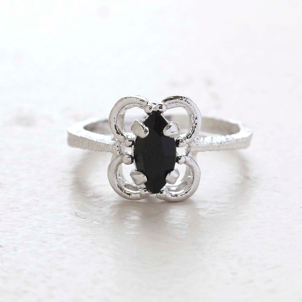 Vintage Jewelry Marquise Cut Jet Black Crystal Cocktail Ring in 18k White Gold Electroplate