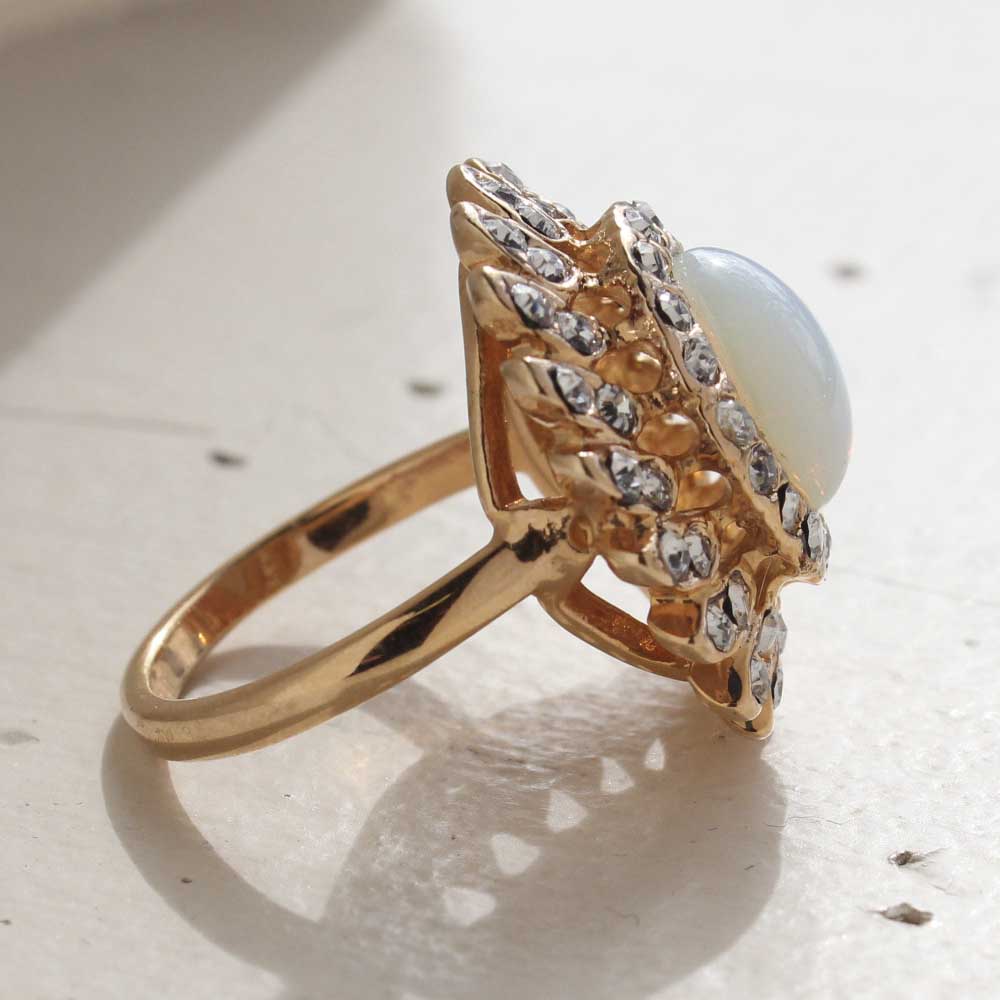 Vintage Jewelry Pinfire Opal Cocktail Ring in a 18k Gold Electroplated Setting Made in the USA