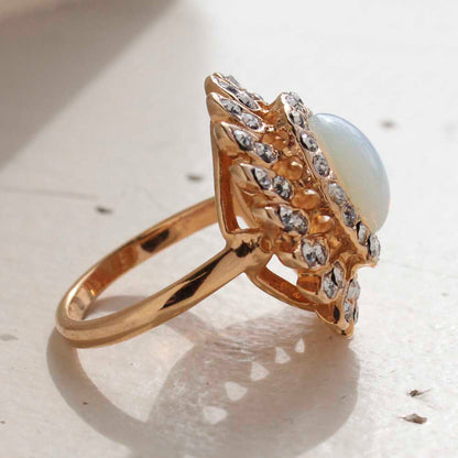 Vintage Jewelry Pinfire Opal Cocktail Ring in a 18k Gold Electroplated Setting Made in the USA