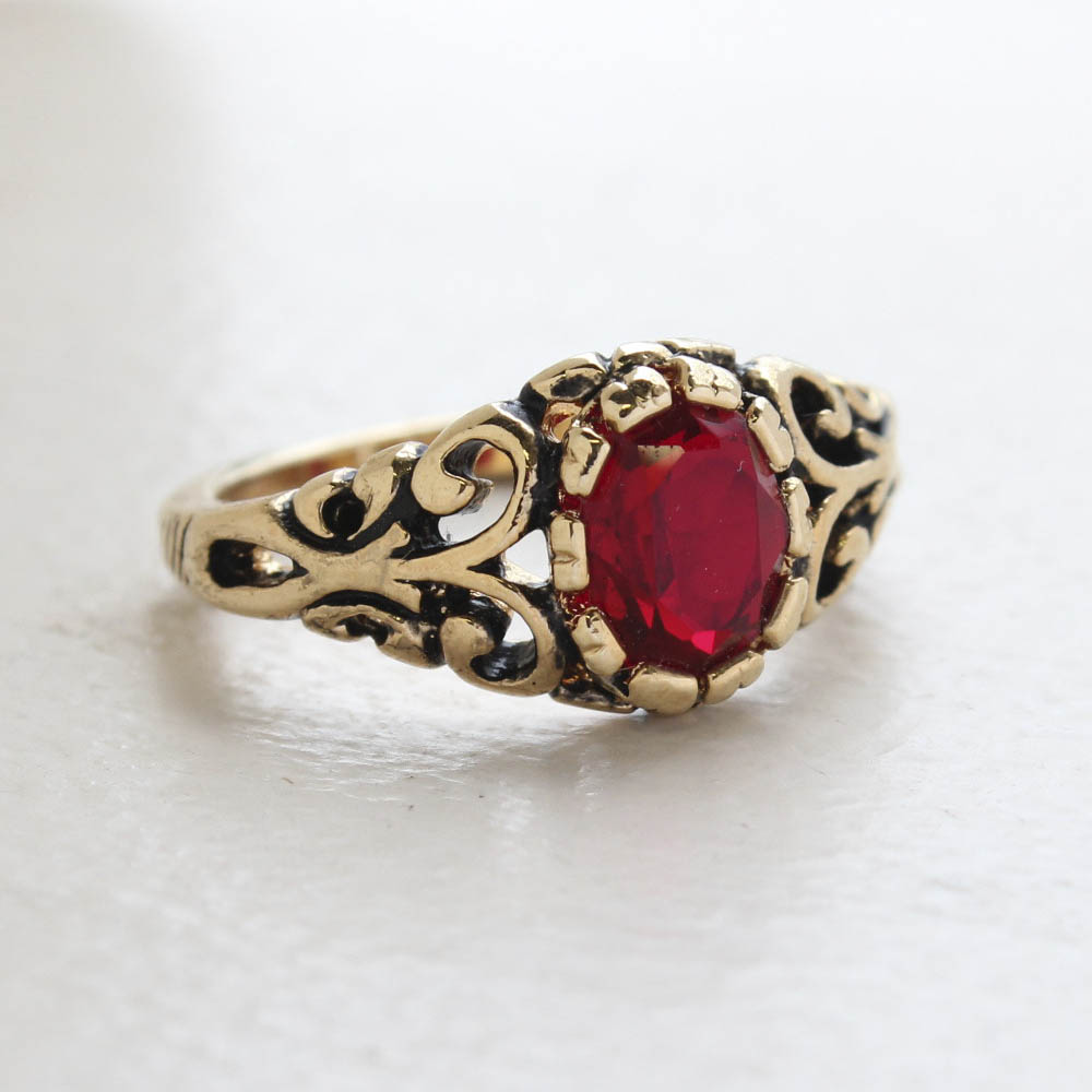 Vintage Ruby Crystal Ring 18k Gold Electroplated Birthstone Ring Made in USA