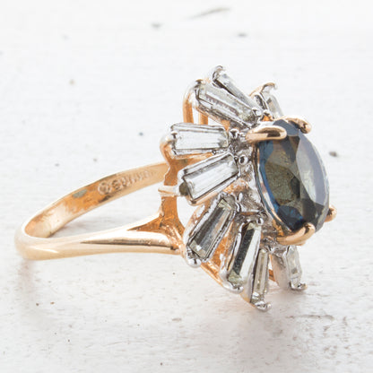 Vintage Sapphire Crystal and Clear Baguette Crystal Cocktail Ring Plated in Yellow Gold Tone