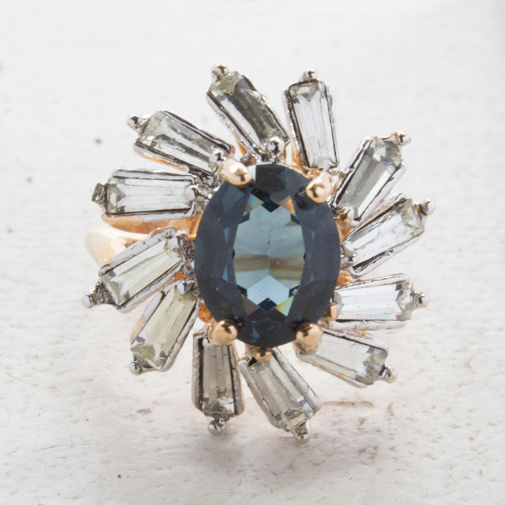 Vintage Sapphire Crystal and Clear Baguette Crystal Cocktail Ring Plated in Yellow Gold Tone