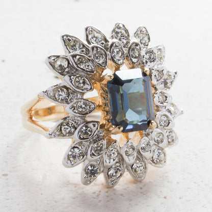 Vintage Ring Sapphire Crystal Surrounded by Clear Crystal 18kt Yellow Gold Electroplated
