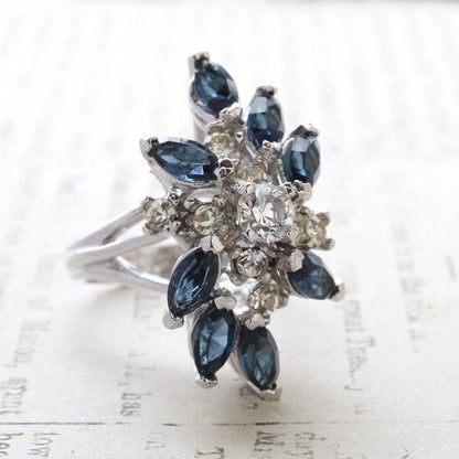 Vintage Jewelry Sapphire and Clear Austrian Crystal Cocktail Ring 18k White Gold Electroplated
