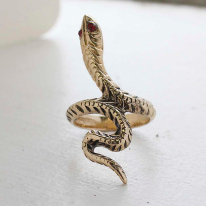 Vintage Snake Ring Ruby Austrian Crystal Eyes Antiqued 18k Yellow Gold Electroplate Made in the USA