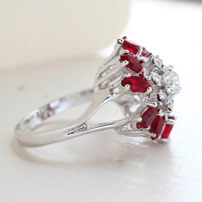 Vintage Jewelry Ruby and Clear Austrian Crystals Cocktail Ring in 18kt White Gold Electroplate