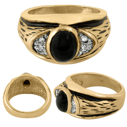 Vintage Ring 1980s Mens Onyx and Austrian Crystal 18kt Gold Plated Antique Ring #R6001