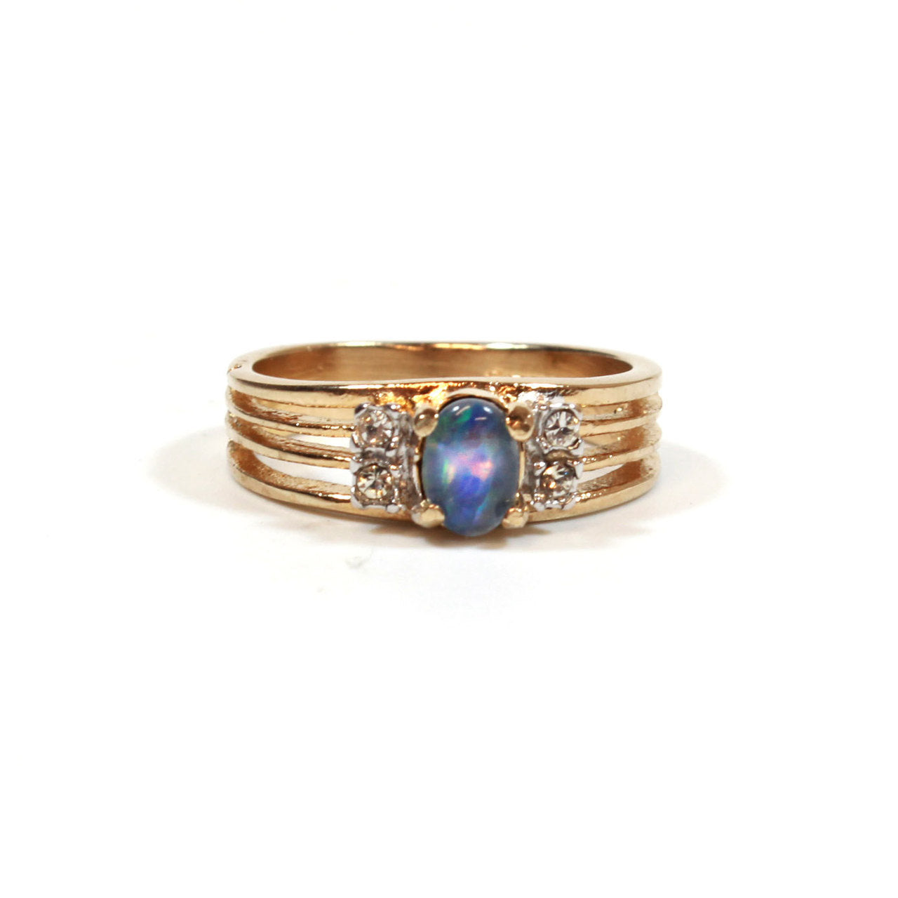 Vintage Jewelry Genuine Jelly Opal with Clear Crystal Accents on Sides Ring, Plated in 18kt Electroplated Yellow Gold Made in the USA
