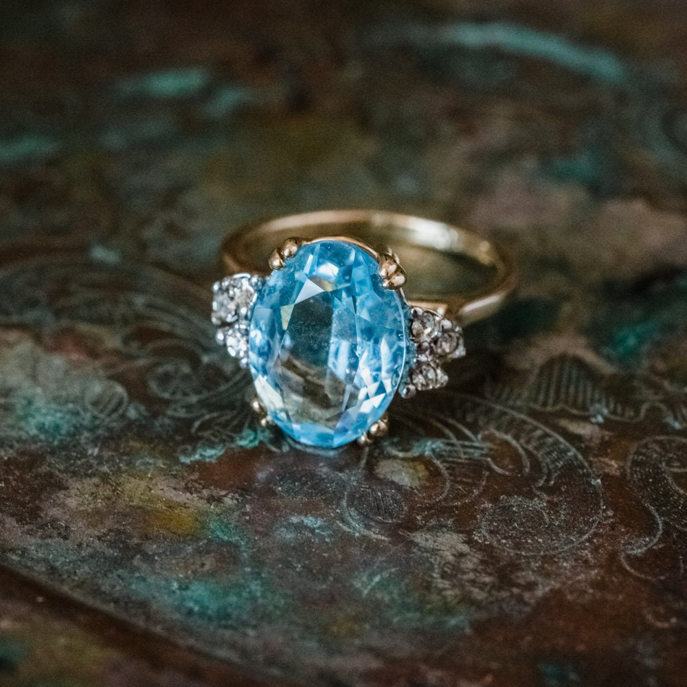 Vintage Aquamarine Oval Cut Austrian Crystal and Clear Crystals Cocktail Ring on Two Tone Accent March Birthstone Made in USA #R1301
