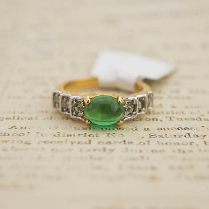 Vintage Ring Green and Clear Austrian Crystals Ring 18k Yellow Gold Electroplated Made in USA Size: GY