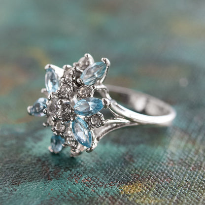 Vintage Ring Aquamarine and Clear Swarovski Crystals 18k White Gold Unique Cluster Antique Womans #R1863-AQW Size: 4