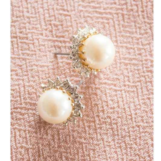 Vintage 1970's Pearl and Clear Austrian Crystal Post Earrings 18k Gold Electroplated Made in USA