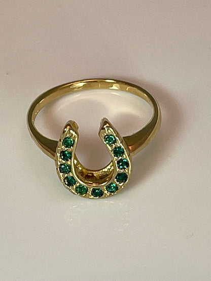 Vintage Ring 1970s Lucky Horseshoe Ring Austrian Crystals 18k Gold Antique Womans Jewelry Horse