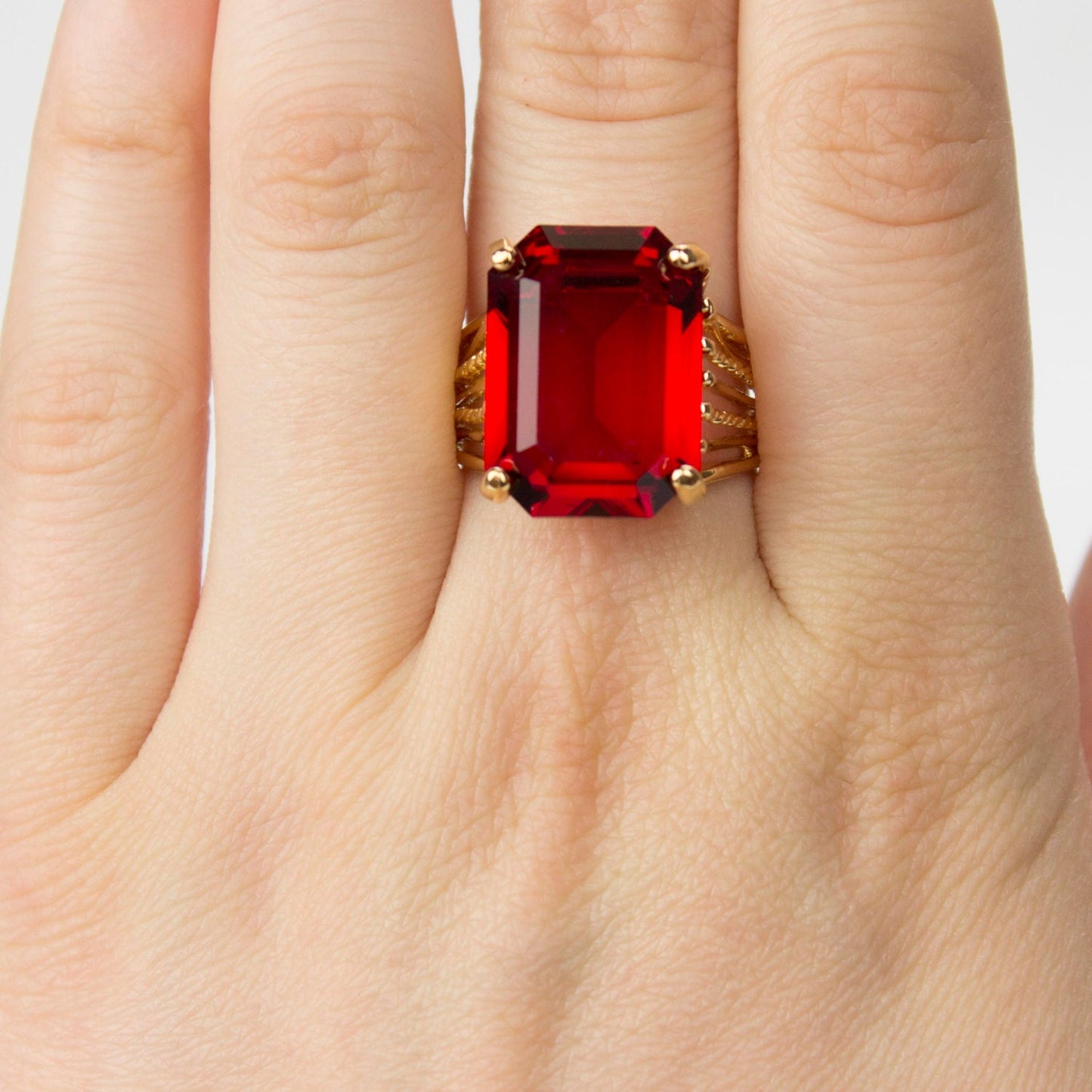 Vintage 1970s Ruby Austrian Crystal 18k Yellow Gold Electroplated Cocktail Ring Made in USA #R694