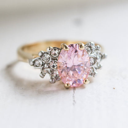 Vintage 1980's Pink Cubic Zirconia Ring with Clear Austrian Crystals 18k Yellow Gold Electroplated