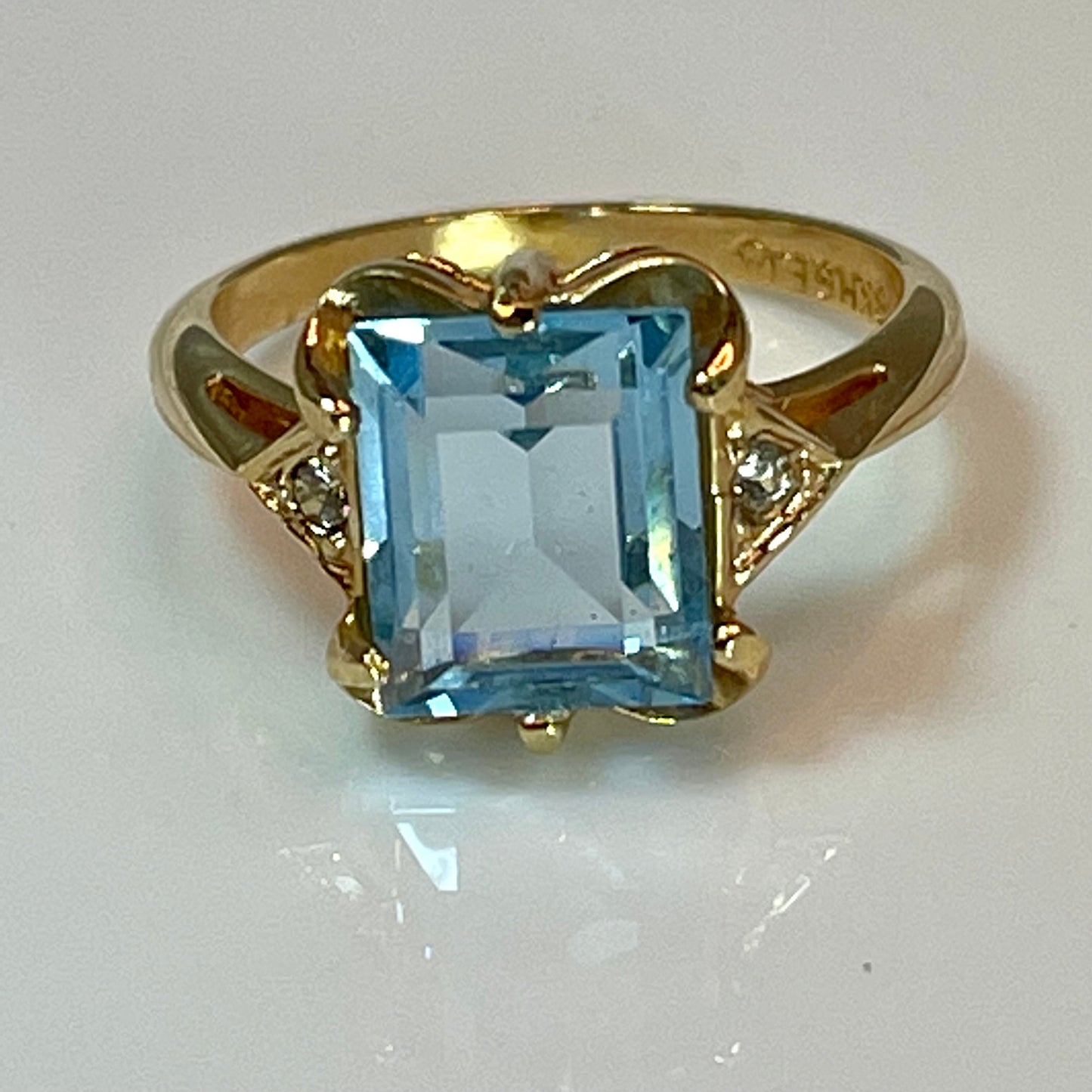 Vintage Ring Emerald Cut Blue Topaz Crystal 18kt Yellow Gold Eectroplated Ring December Birthstone