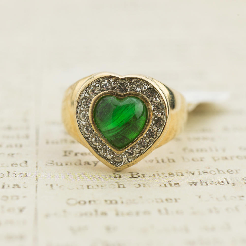 Vintage Ring Green and Clear Austrian Crystals Heart Ring 18k Yellow Gold Electroplated Made in USA