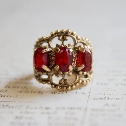 Vintage Ring Garnet Swarovski Crystal Cocktail Ring Antique 18k Gold Womans Jewelry Garnet Rings R215