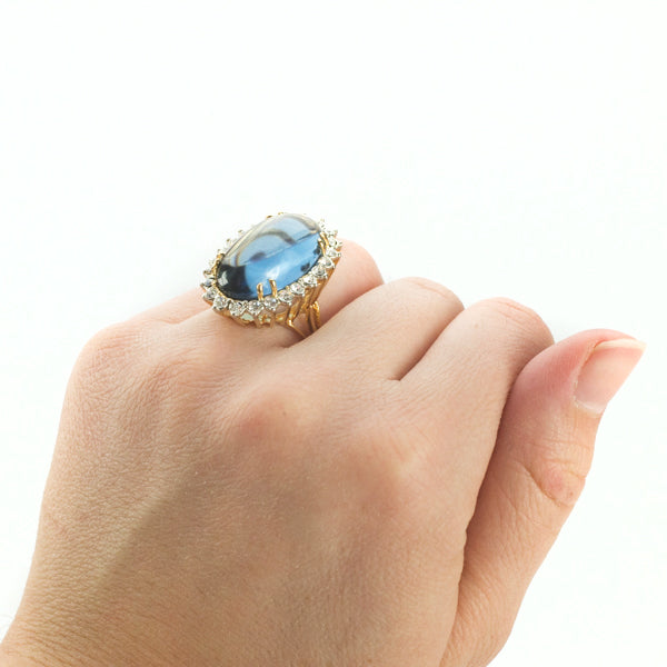 Vintage Ring Sapphire Crystal Surrounded by Clear Crystals Cocktail Ring 18kt Antiqued Yellow Gold Electroplated Made in the USA
