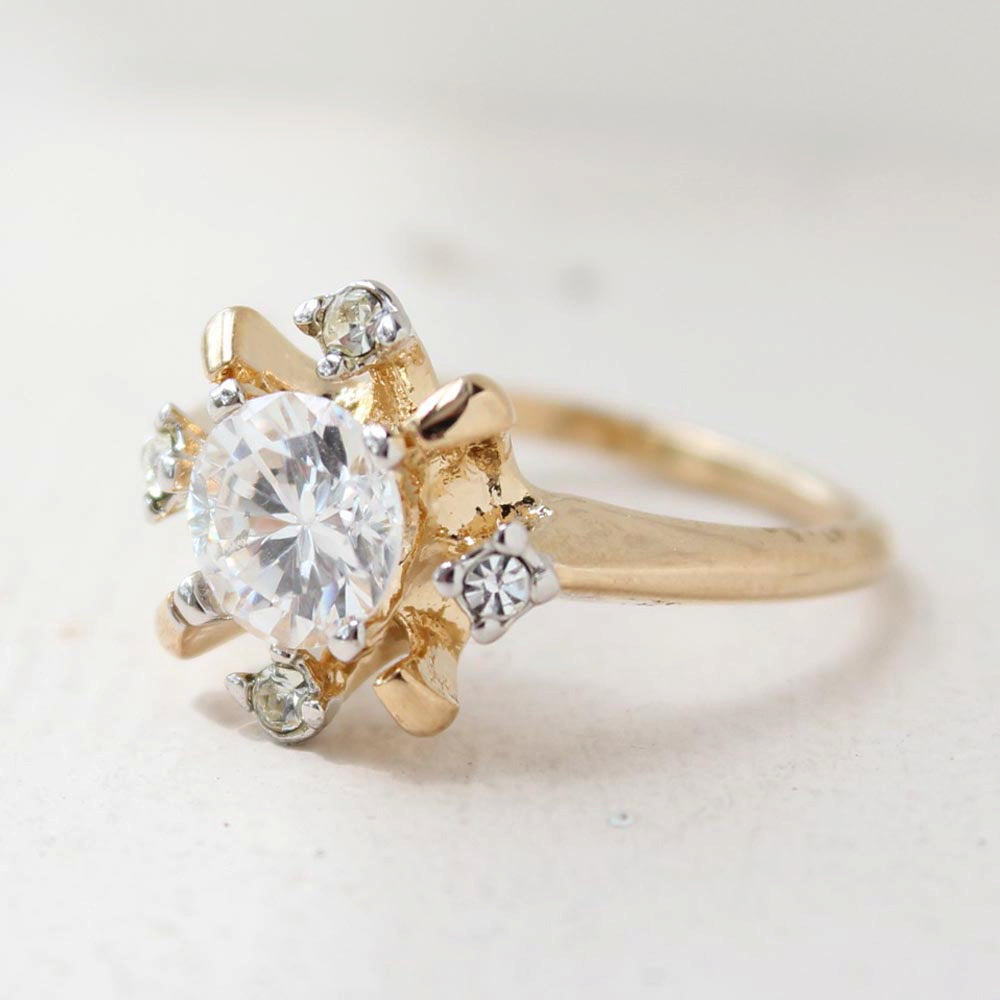 Vintage Cubic Zirconia and Austrian Crystal 18k Gold Electroplated Engagement Ring Made in USA Size: 5