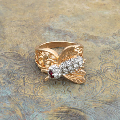 Vintage Ring Bee Ring Clear Swarovski Crystals 18kt Gold Insect Womans Jewlery Handmade #R681 Antique Rings