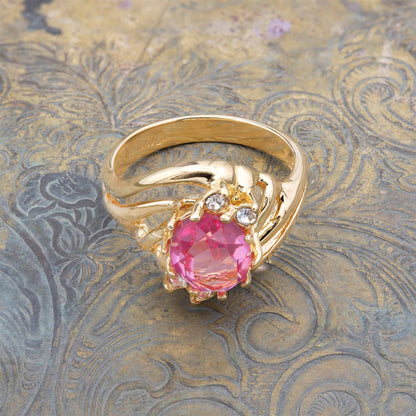 Vintage Ruby and Clear Crystals 18k Yellow Gold Electroplated Band Made in USA