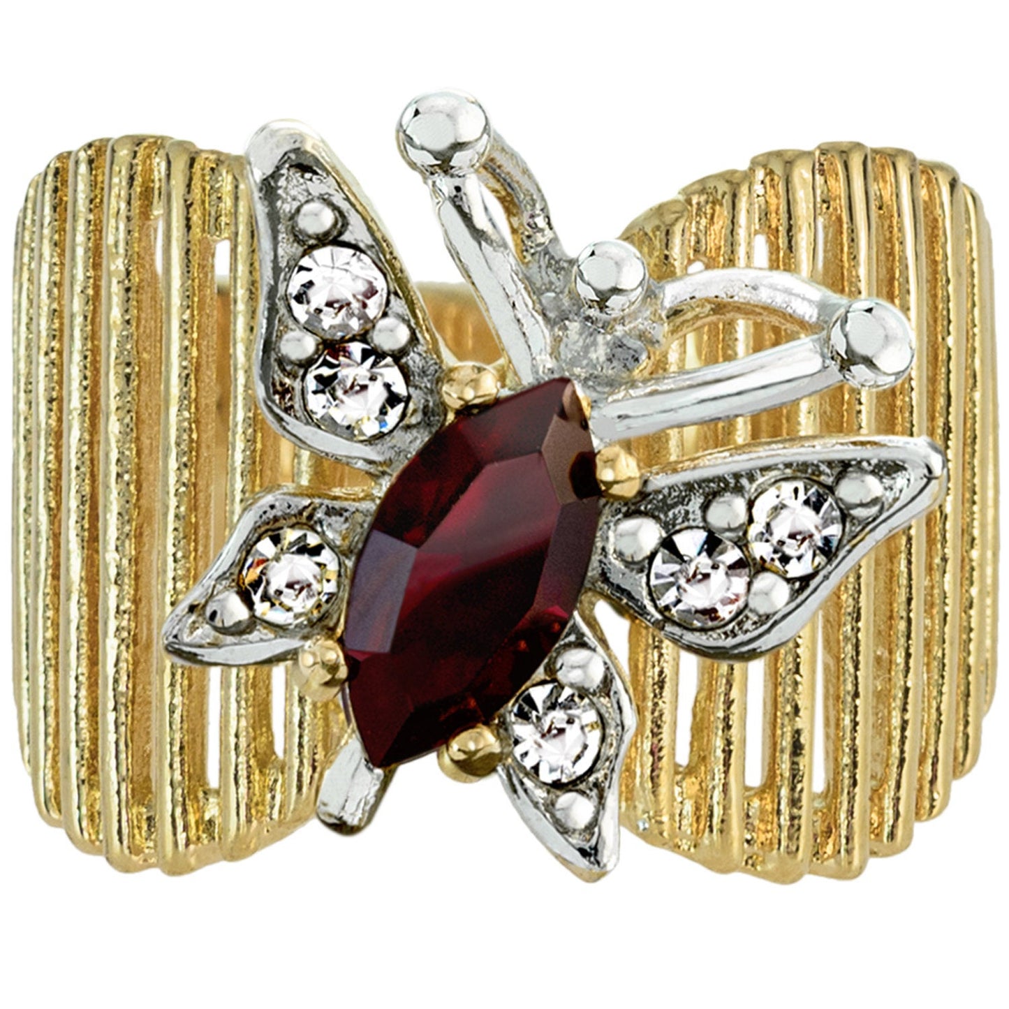 Vintage Butterfly Ring Genuine Coral and Clear Austrian Crystals 18kt Yellow Gold Electroplated