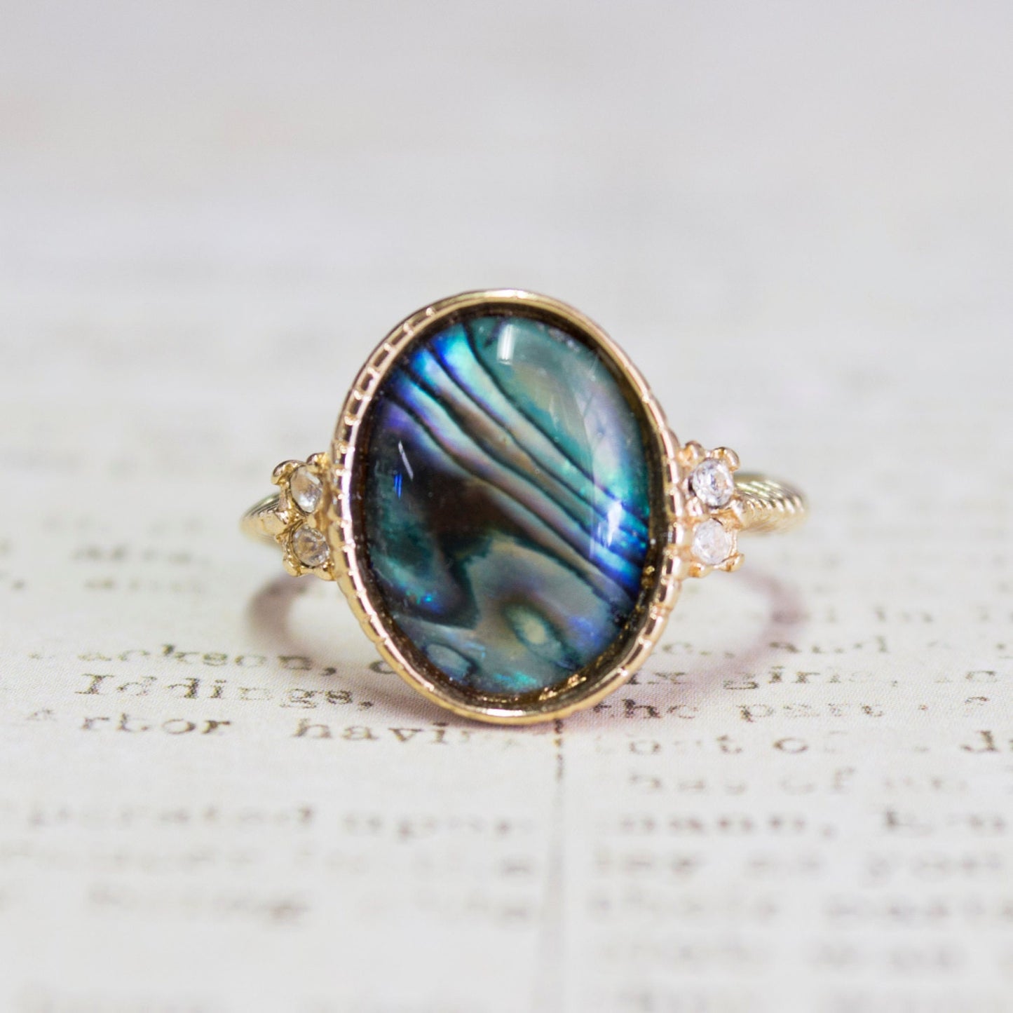 Vintage Ring Shimmering Blue Genuine Abalone Shell with Swarovski Crystal Accents 18k Gold Antique Woman #R1773