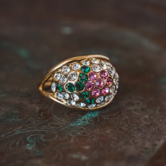 Vintage Ring Flower Ring Swarovski Crystals 18k Gold Antique Womans Jewelry #R719 Size: 7