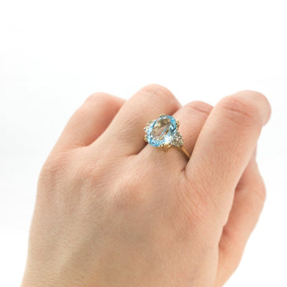 Vintage Aquamarine Oval Cut Austrian Crystal and Clear Crystals Cocktail Ring on Two Tone Accent March Birthstone Made in USA #R1301