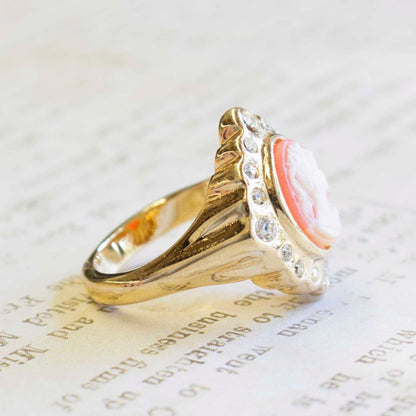 Antique Vintage Ring 1970s 18k Gold Plated White on Coral Cameo Ring Clear Swarovski Crystals Womans Costume Handmade Jewelry #R2146 Size: 6