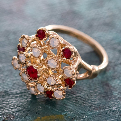 Vintage Ring Ruby Austrian Crystals and Pinfire Opals 18k White Gold Electroplate Made in the USA