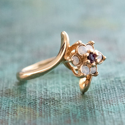 Vintage 1970's Amethyst Crystal and Genuine Pinfire Opal Ring 18kt Yellow Gold Electroplated Ring