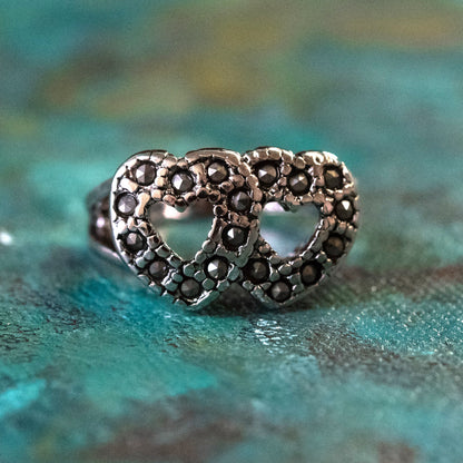 Vintage Ring Genuine Marcasite Double Heart Ring Antique 18k White Gold Silver Antique Womans Jewelry R1758 Size: 6
