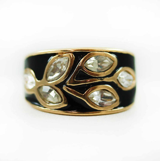 Vintage 1980's Black Enamel Ring with Clear Austrian Crystals Leaf Motif 18k Gold Plated