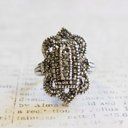 Vintage Ring Genuine Marcasite Antiqued 18k White Gold Electroplated Made in USA