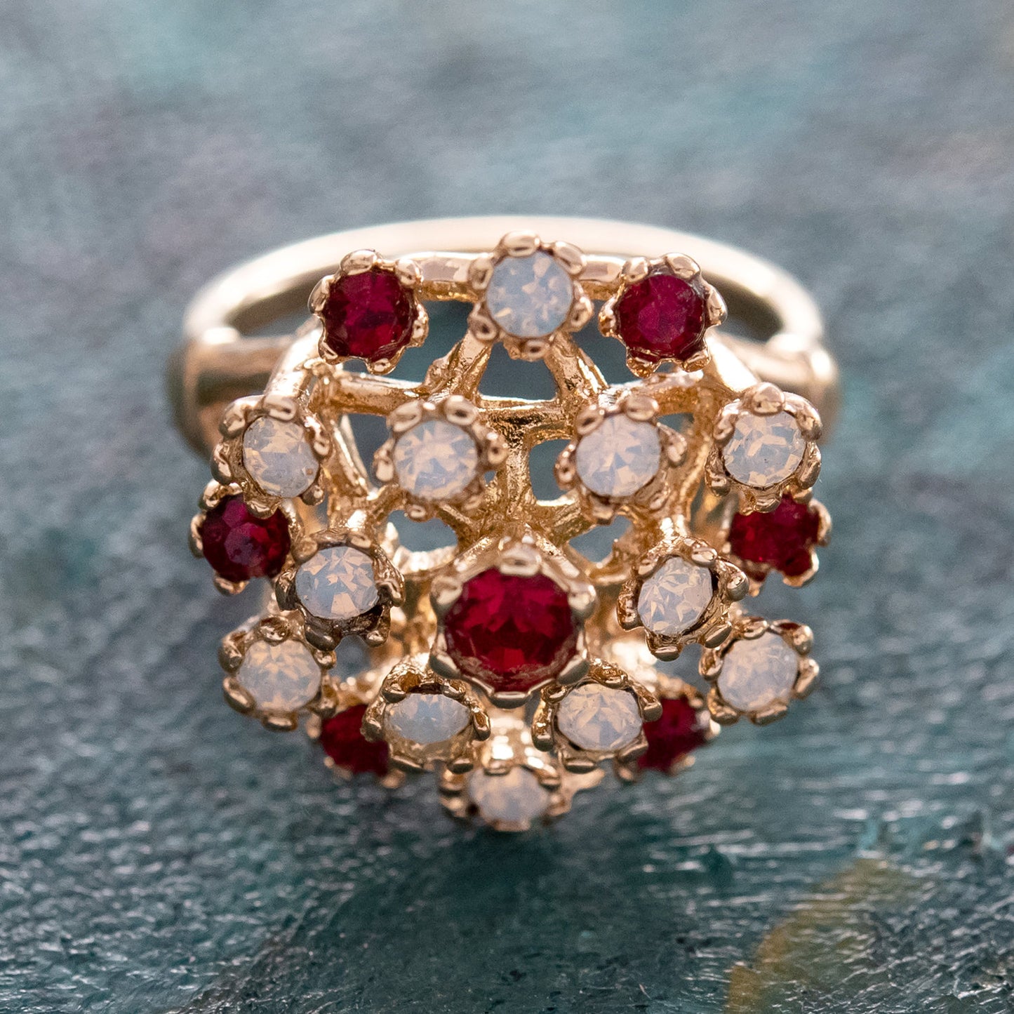Vintage Ring Ruby Austrian Crystals and Pinfire Opals 18k White Gold Electroplate Made in the USA