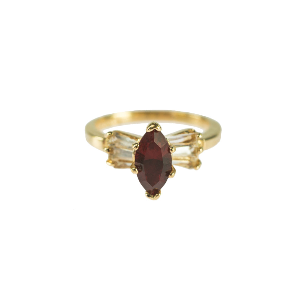 Vintage 1980's 18k Yellow Gold Plated Ruby Austrian Crystal Ring Made in USA