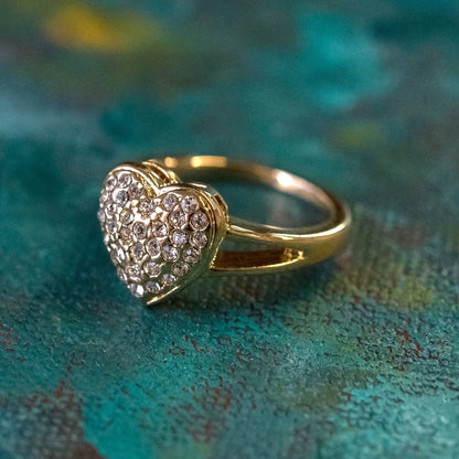 Vintage Ring Clear Swarovski Crystals Heart Ring 18k Gold Womans Antique Jewelry Rings R1765 Size: 6