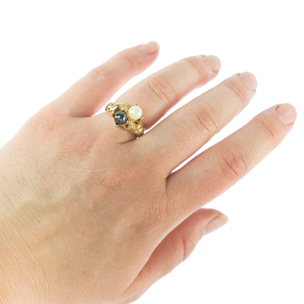 Vintage Ring Black and White Pearl with Crystal Ring 18k Gold Antique Womans Jewlery Handmade Size Rings R3326