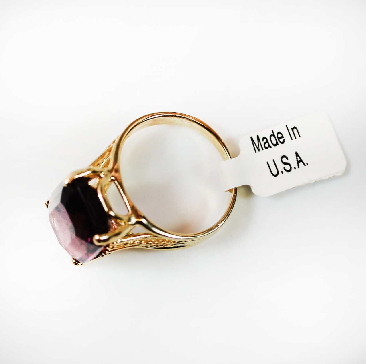 Vintage 1970s 18k Gold Electroplated Cocktail Ring Amethyst Austrian Crystal Made in USA