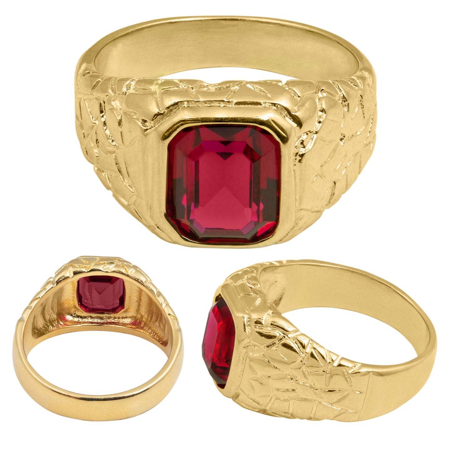 Vintage Ring 1980s Mens Ruby Crystal 18kt Gold Plated Antique for Men #R6004