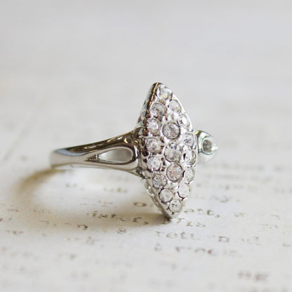Vintage Pave Ring with Clear Austrian Crystals Antiqued 18kt White gold Electroplated Made in USA